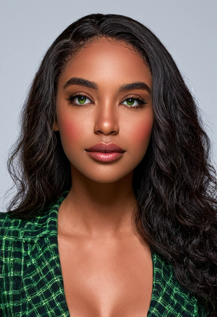 A beautiful woman, beautiful Latin face, young Brazilian Nyvi Estephan, Brazilian supermodel, serene and elegant beauty, Angolan descent, young adult 30 years old, nerdy woman, tall woman, a stunning black woman, with indigenous features, beautiful indigenous girl, native Brazilian, ((An indigenous African girl with European ebony)), ((her beauty is undeniable)), beautiful young ebony with dark skin, tanned Mexican, black hair with brown highlights, black curly hair with brown highlights, voluminous black hair with Brown highlights, vibrant and dynamic cut with soft waves can add a modern and stylish touch. Has an exotic beauty with beautiful green eyes, realistic green eyes, bright green eyes, ultra detailed green eyes, ultra realistic green eyes, natural green eyes, ultra detailed iris, perfect eyes, perfect iris, hyper realistic eyes, eyeliner, long eyelashes and defined, penetrating gaze that conveys confidence, striking, powerful expression, strong presence, striking makeup, vibrant red lipstick, full lips, voluminous lips, seductive lips, captivating, striking, unforgettable, dazzling and mischievous smile, wide smile, your features are captivating , subtle smile on his lips. beautiful and detailed face, detailed skin texture, Notice her perfectly shaped eyebrows, which arch gracefully above her eyes, small nose that is proportionate to her face, and soft contour of her face that accentuates her high cheekbones. Beautiful and glowing skin, intricate details, smooth skin, healthy and radiant appearance, Attractive slim woman, Average bust, Average and beautiful breasts, athletic physique, flat stomach, slim waist, huge hips, wide hips, big ass, thick thighs, legs shapely concept art. She wears a red and black plaid shirt with long sleeves, a short black latex skirt and long black knee-high boots. 3D 4k, high resolution, full sharpness photo realistic, breathtaking, Lentille nette, Photographie professionnelle, Objectif 70mm, Unreal Engine 5, wallpaper, colorful