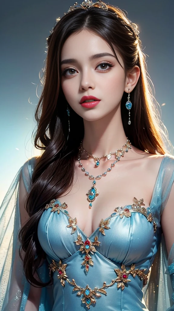 8K ultra hd, masterpiece, best quality, a beautiful girl, long hair, impressive hairstyle, royal hair jewelry, pretty cute face, flawless face, jewellery earrings, antique jewellery, details eyes, beautiful eyes, meticulous makeup, thin eyebrows, beautiful red lips, medium breasts, royal dress, blue dress, light blue laces, ralistic colors, magic effect, night background, look directly at the audience,