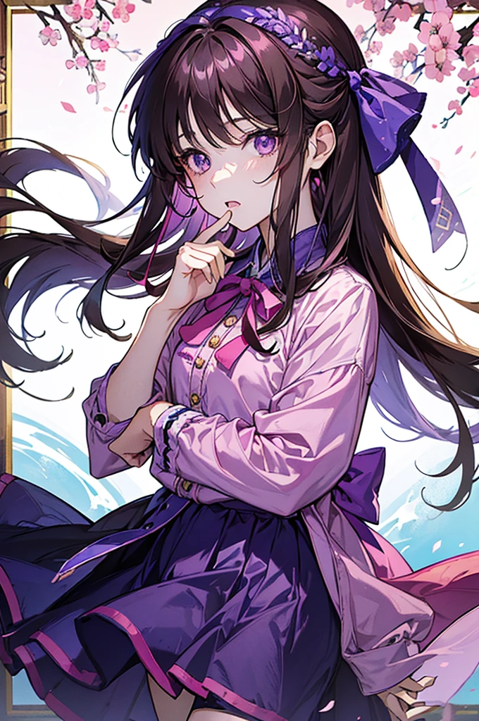 A girl, she has long brown hair, purple eyes, she is cute and sweet, wears a pink shirt with a ribbon collar, wears loose blue shorts with a ribbon, bust up!!, Korean style, Japan style, anime, manhwa,With a background with strawberry and grape nuances