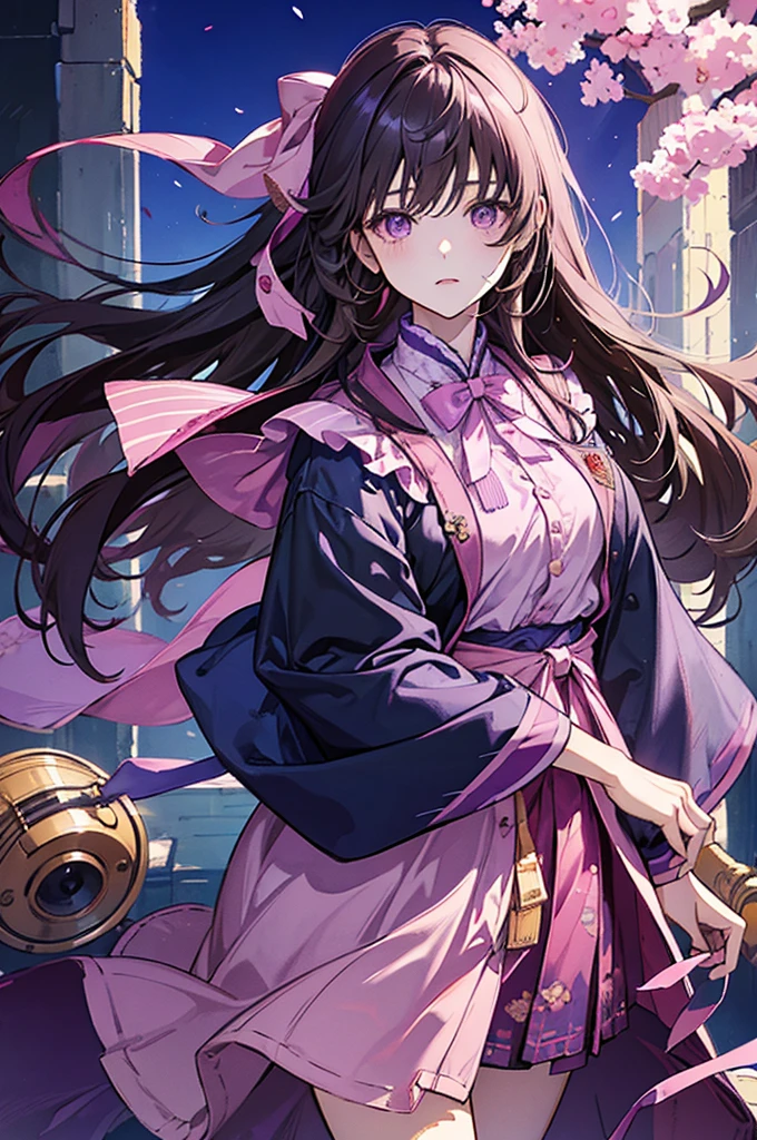 A girl, she has long brown hair, purple eyes, she is cute and sweet, wears a pink shirt with a ribbon collar, wears loose blue shorts with a ribbon, bust up!!, Korean style, Japan style, anime, manhwa,With a background with strawberry and grape nuances