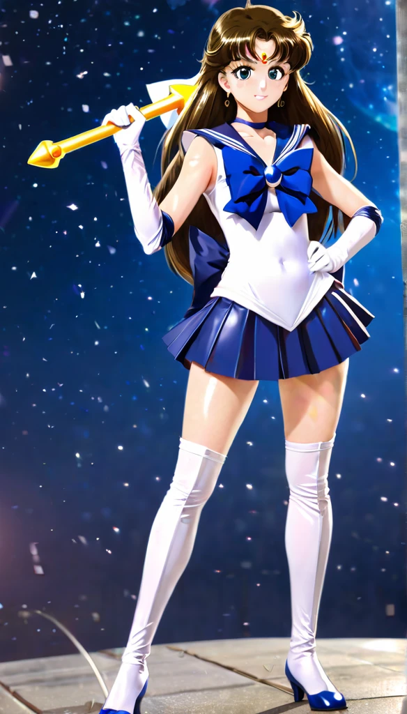 1girl, sailor senshi unifoem, {{magical gloves, magical boots}}, bow, brooch,pleated miniskirt, magical girl, earrings, long hair, nsfw, latex, large_breasts, korean idol, holding wand, wand, wand effect,agic effect, standing, crossed legs, dakimakura, idol, akb48