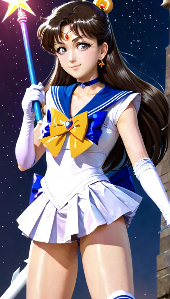 1girl, sailor senshi unifoem, {{magical gloves, magical boots}}, bow, brooch,pleated miniskirt, magical girl, earrings, long hair, nsfw, latex, large_breasts, korean idol, holding wand, wand, wand effect,agic effect, standing, crossed legs, dakimakura, idol, akb48