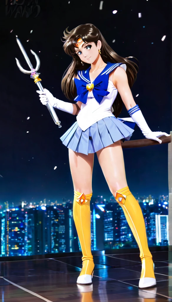 1girl, sailor senshi unifoem, {{magical gloves, magical boots}}, bow, brooch,pleated miniskirt, magical girl, earrings, long hair, nsfw, latex, large_breasts, korean idol, holding wand, wand, wand effect,agic effect, standing, crossed legs, dakimakura, idol, akb48