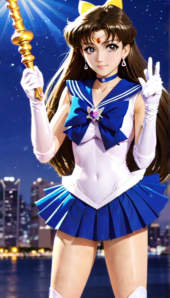 1girl, sailor senshi unifoem, {{magical gloves, magical boots}}, bow, brooch,pleated miniskirt, magical girl, earrings, long hair, nsfw, latex, large_breasts, korean idol, holding wand, wand, wand effect,agic effect, standing, crossed legs, dakimakura, idol, akb48