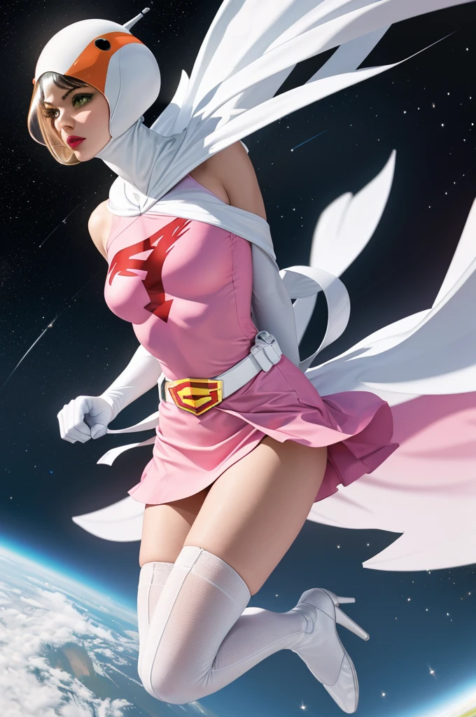 ((masterpiece)),((Highest quality)),((High resolution)),((Highly detailed CG Unity 8k wallpaper)), Outdoor, Day, Upper Body, View your viewers, alone, Concentration, break, 
Year_Classic_Jun_Gatchaman_myself, Jun the swan, 
One girl, lips, Green Eyes, lipstick, compensate, eyelash, eye shadow,
visor, Helmet, Cape, Elbow hand pockets, Knee socks, belt, White gloves, zettai ryouiki, mask, skirt, White legwear, Superhero, leotard, Spacesuit, Pink Dress, white Cape,  pink leotard, pink skirt, Short dress,
