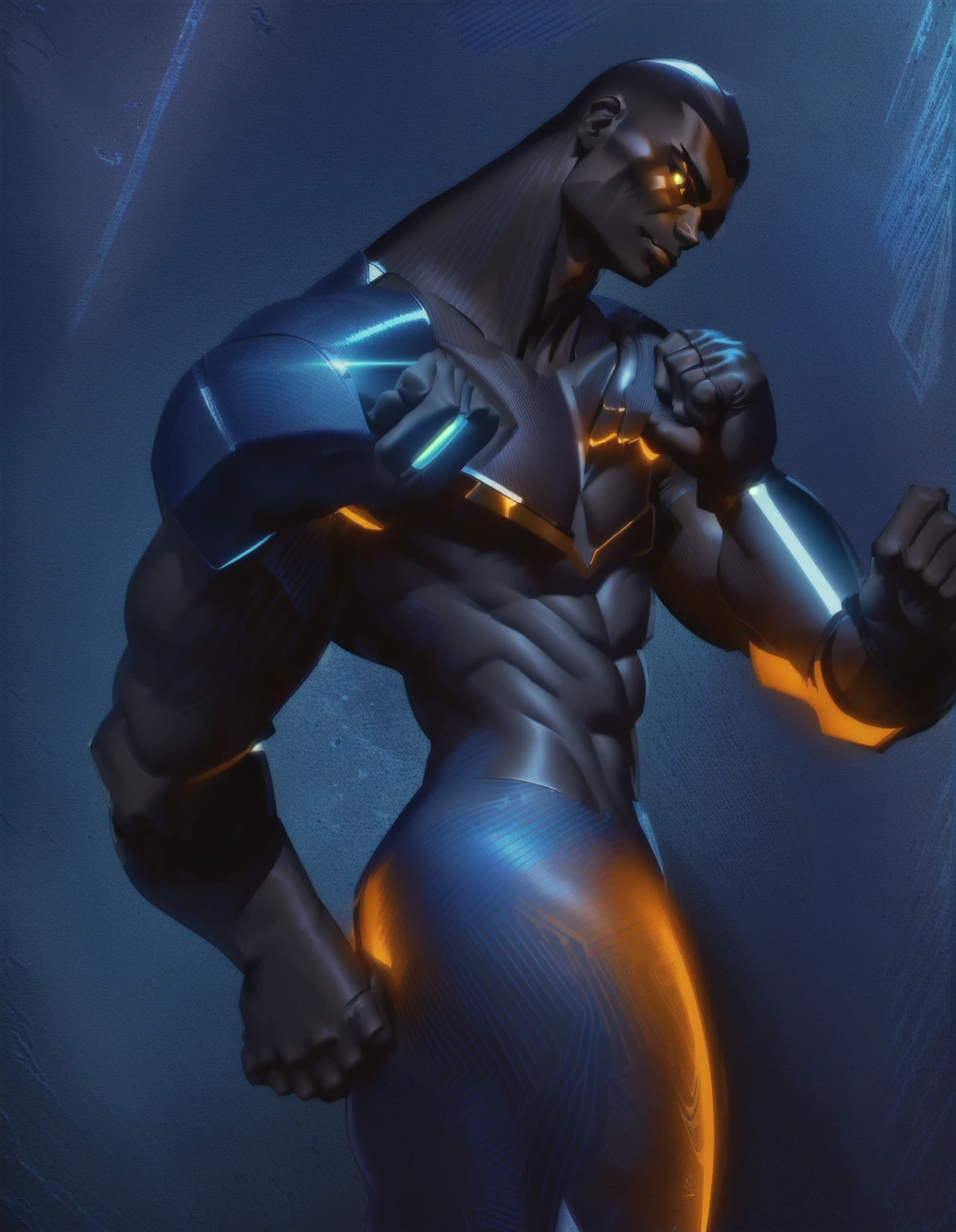 masterpiece, best quality, (extremely detailed CG unity 8k wallpaper), (best quality), (best illustration), (best shadow), (follow illustrated lines), shinny metal dark blue skin, shinny orange gloves with chest design, realistic lighting, (Abyss), beautiful detailed glow, muscular man, strong hands closed into fists.
