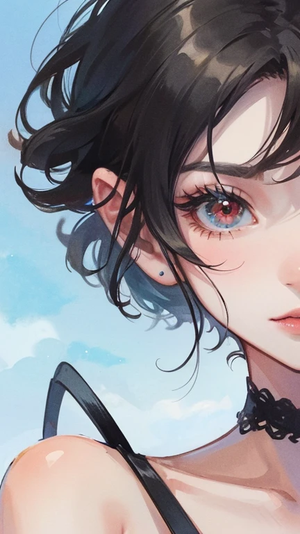 young girl black hair short hair red eyes irreverent face look down thin body thin thighs small breasts small ass toned body blue sky cloud hair blowing in the wind high quality High resolution 8k vampire watercolor natural feel bridge of the nose ((最high quality)), ((masterpiece)), (get used to it), dignified face grassland close up of face Beautiful as a goddess whole face lipstick eye shadow naked ID photo style one piece long eyelashes Accurate No decoration Bare skin No accessories In underwear 全naked