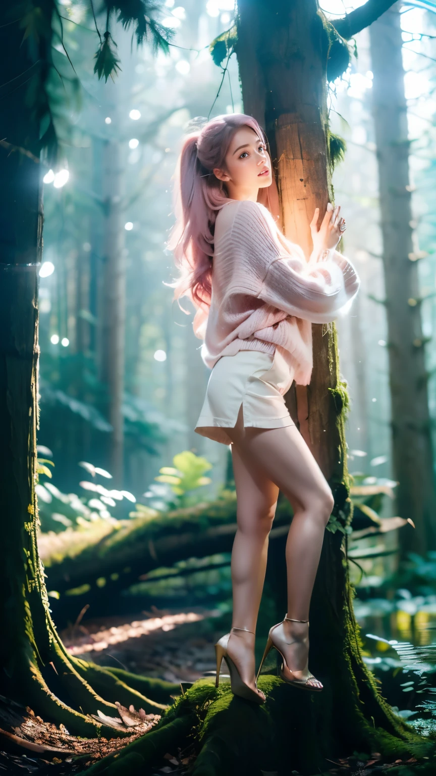 Best quality，masterpiece，16K，A girl，Wearing a sweater，shorts，White Silk，High heel，Pink Hair，Brown eyes，Delicate face，Big breasts，Girl Pose，In the dense woods，side，Hands on the tree trunk，One foot is raised back，Looking at the camera，glow，Tyndall effect，High light-dark contrast