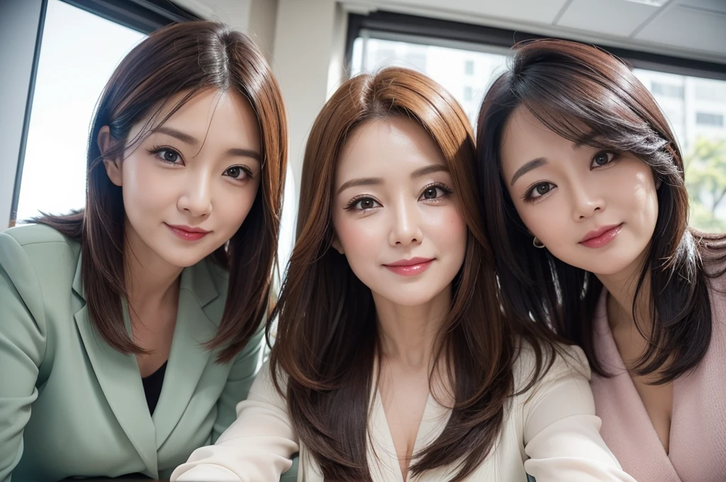 two sexy 40 years old women in office outfits who are lovers of 4 boy, various hair colors and hairstyles, flustered smiles, portrait, close up faces, view from below