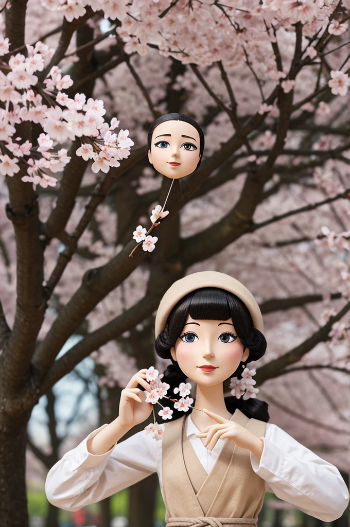 Generate a logo of a Janopes puppet making a 4 with its fingers and in the background with cherry blossoms, the title will be animated WABISABI