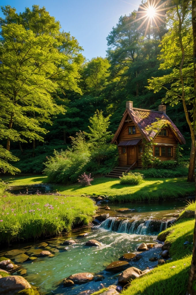 fairy forest, house on the edge, many colors, The sun is shining brightly, a clear stream flows