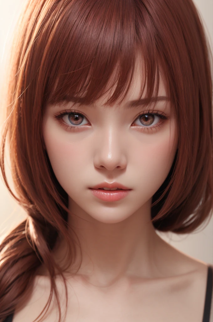 1girl, star eye, blush, perfect illumination, red hair, red eyes, unreal engine, sidelighting, detailed face, bangs, bright skin, simple background, dark background, 
