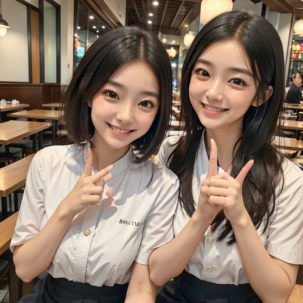 A confident smile, At the family restaurant,Looks like they're having fun,短いBlack Hair, Brown eyes,Brown Skin,Two studentaking a gesture commonly associated with the peace sign while speaking (Tele from the restaurant), skirt, Black Hair, indoor, meal, shirt, ((((Complete faithful finger))))