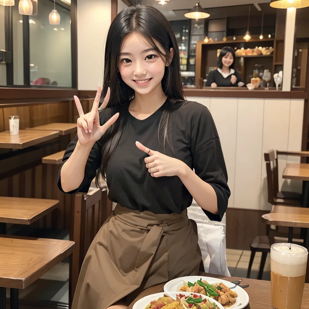 A confident smile, At the family restaurant,Looks like they're having fun,短いBlack Hair, Brown eyes,Brown Skin,Two studentaking a gesture commonly associated with the peace sign while speaking (Tele from the restaurant), skirt, Black Hair, indoor, meal, shirt, ((((Complete faithful finger))))
