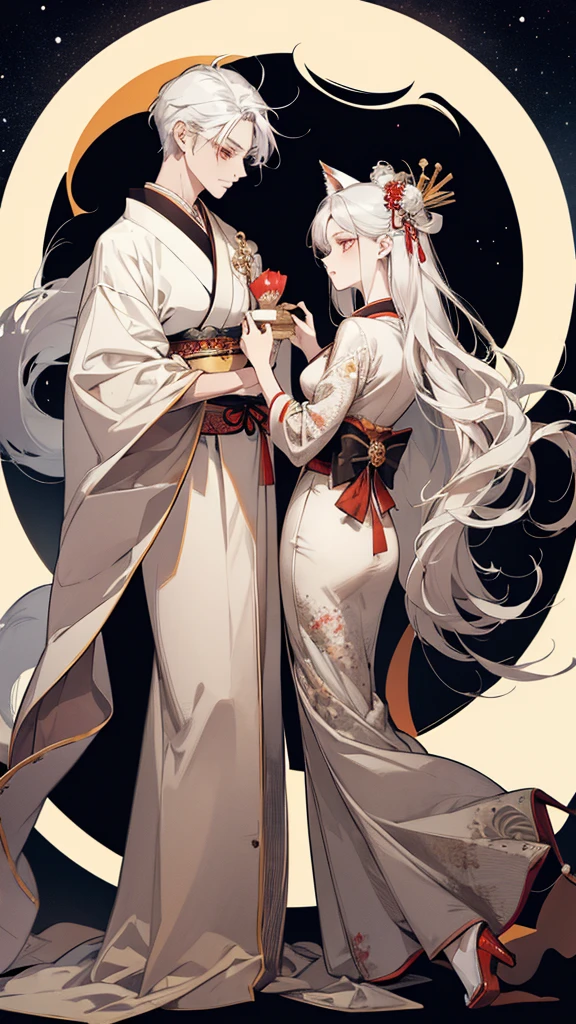 Kitsune girl,geisha dress theme sun&moon , traditional japanese , long white hair,silver fox ears, have kitsune tail, beautiful woman, silver eyes, elegant