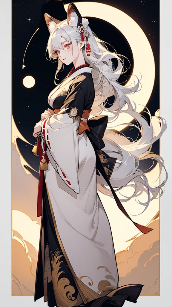 Kitsune girl,geisha dress theme sun&moon , traditional japanese , long white hair,silver fox ears, have kitsune tail, beautiful woman, silver eyes, elegant