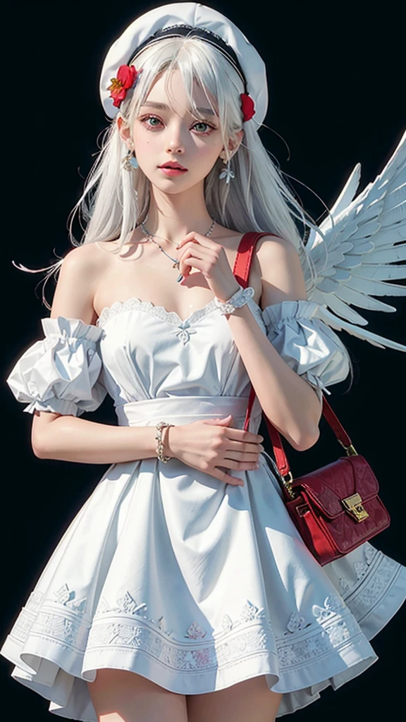 (masterpiece),(best quality),(ultra-detailed),(illustration),simple background,(an extremely delicate and beautiful girl),(beautiful face),looking_at_viewer,1 cute girl with (white hair:1.5) and light red eyes and (beret:1.2) and (shoulder bag:1.2),long hair,blue hairbow,blue ribbon,(white armored dress),hair flower,earring,pendant,(winged helmet),angel wings, (thigh bands),(colorful ink paper flower grow on the face:1.2)