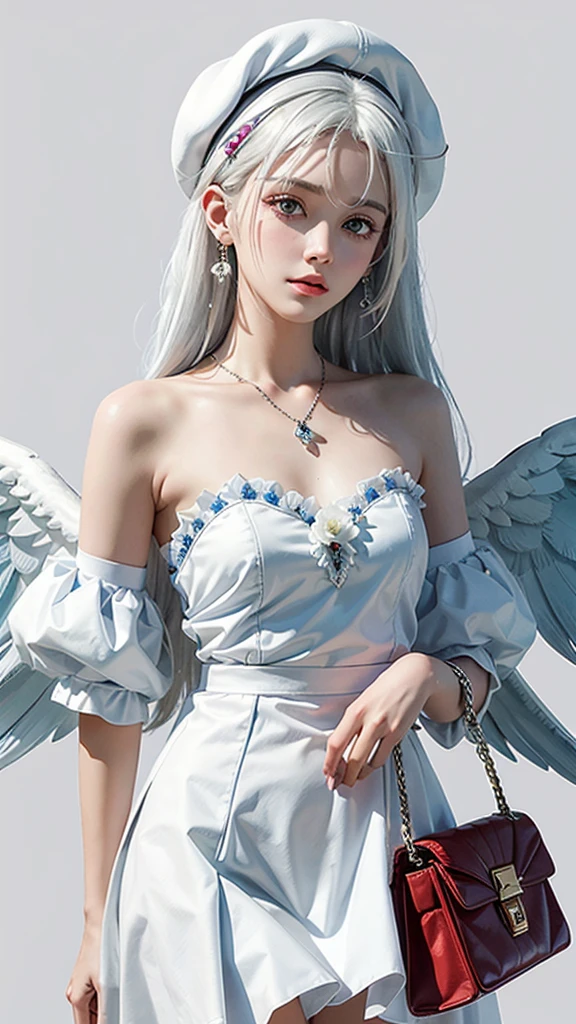 (masterpiece),(best quality),(ultra-detailed),(illustration),simple background,(an extremely delicate and beautiful girl),(beautiful face),looking_at_viewer,1 cute girl with (white hair:1.5) and light red eyes and (beret:1.2) and (shoulder bag:1.2),long hair,blue hairbow,blue ribbon,(white armored dress),hair flower,earring,pendant,(winged helmet),angel wings, (thigh bands),(colorful ink paper flower grow on the face:1.2)