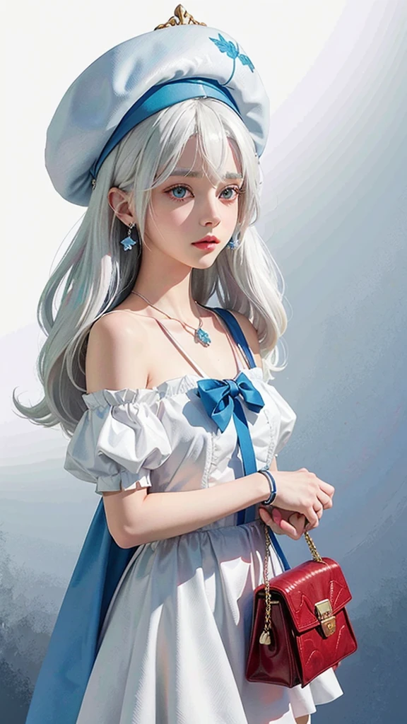 (masterpiece),(best quality),(ultra-detailed),(illustration),simple background,(an extremely delicate and beautiful girl),(beautiful face),looking_at_viewer,1 cute girl with (white hair:1.5) and light red eyes and (beret:1.2) and (shoulder bag:1.2),long hair,blue hairbow,blue ribbon,(white armored dress),hair flower,earring,pendant,(winged helmet),angel wings, (thigh bands),(colorful ink paper flower grow on the face:1.2)