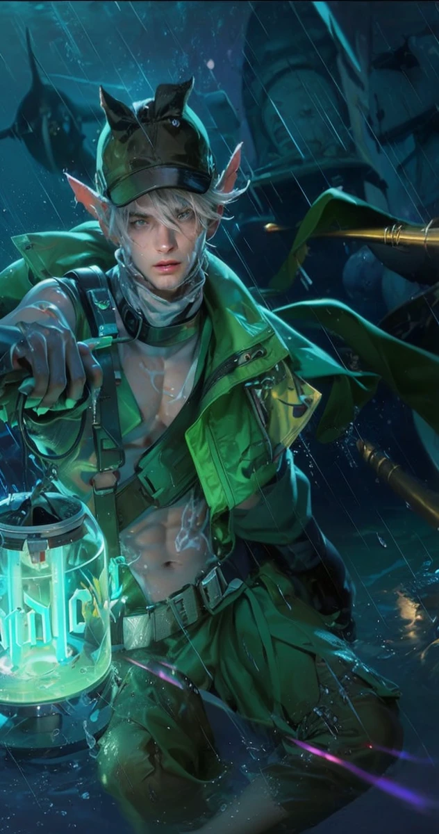 (max resolution: 1.2), (Ultra HDTV: 1.2), 8K resolution, Eye and skin details, detailed facial features, , (Sharp focus: 1.2), (Focus focus) facial expressions: 1.2), 1 Guy, Sitting, White hair, Long hair, exposed chest muscles, 8 pack, (shirtless) shirtless, exposed thighs, The penis is large.((black briefs)), ((( Water, Seawater)))
