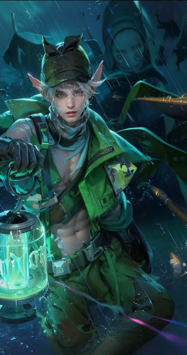 (max resolution: 1.2), (Ultra HDTV: 1.2), 8K resolution, Eye and skin details, detailed facial features, , (Sharp focus: 1.2), (Focus focus) facial expressions: 1.2), 1 Guy, Sitting, White hair, Long hair, exposed chest muscles, 8 pack, (shirtless) shirtless, exposed thighs, The penis is large.((black briefs)), ((( Water, Seawater)))