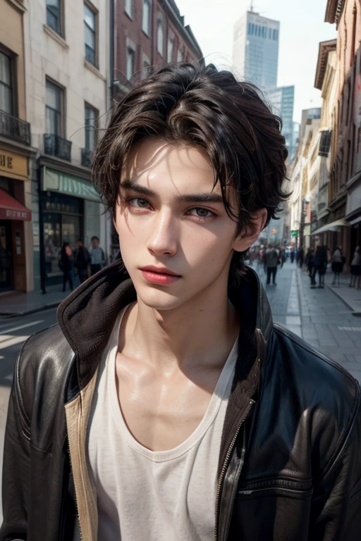 1boy, tall and handsome, beautiful and intense eyes, dark Brown eyes, pretty black and dark Brown hair, hot lips, perfect nose, hot body, street style, 18 Years old
