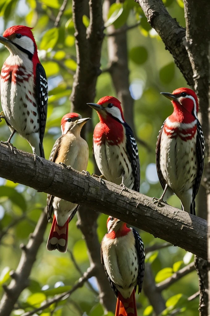 Three red woodpeckers, yellow and green