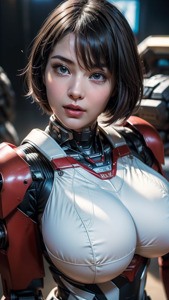 masterpiece, Highest quality, Ultra-realistic, Ultra-detailed, ((8K resolution:1.2)), RAW Photos, Sharp focus, (One girl), alone, Gorgeous face, Perfect body, Mature Woman, Age 25,  Portraiture, Mecha, White and Red Armor, Nanosuit, sexy, Messy Hair, Cinematic, Cinematic light, ((Natural big breasts:1.4)),((Upper Body))