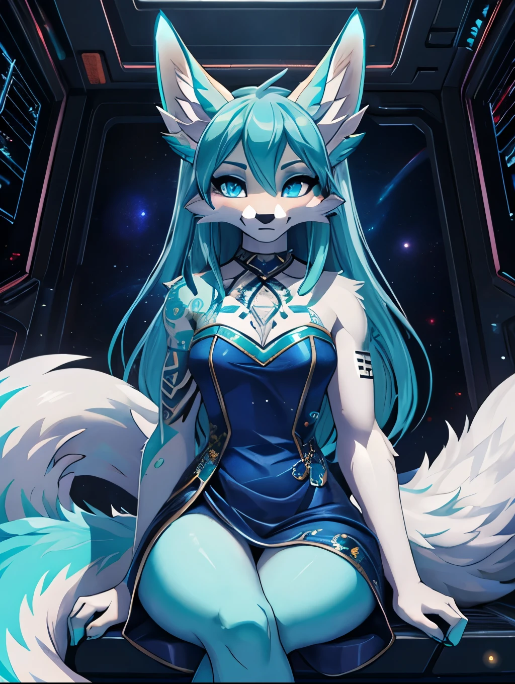 Miku hatsune, aqua&white, alta definicion, orejas de kitsune, golden tatoo, tribal tatoo, vista mediolateral sentada piernas apretadas, mirada coqueta, blue deep eyes, magic aura, space kitsune, mistic aura, aura mistica, long fluffy tail, powered eyes