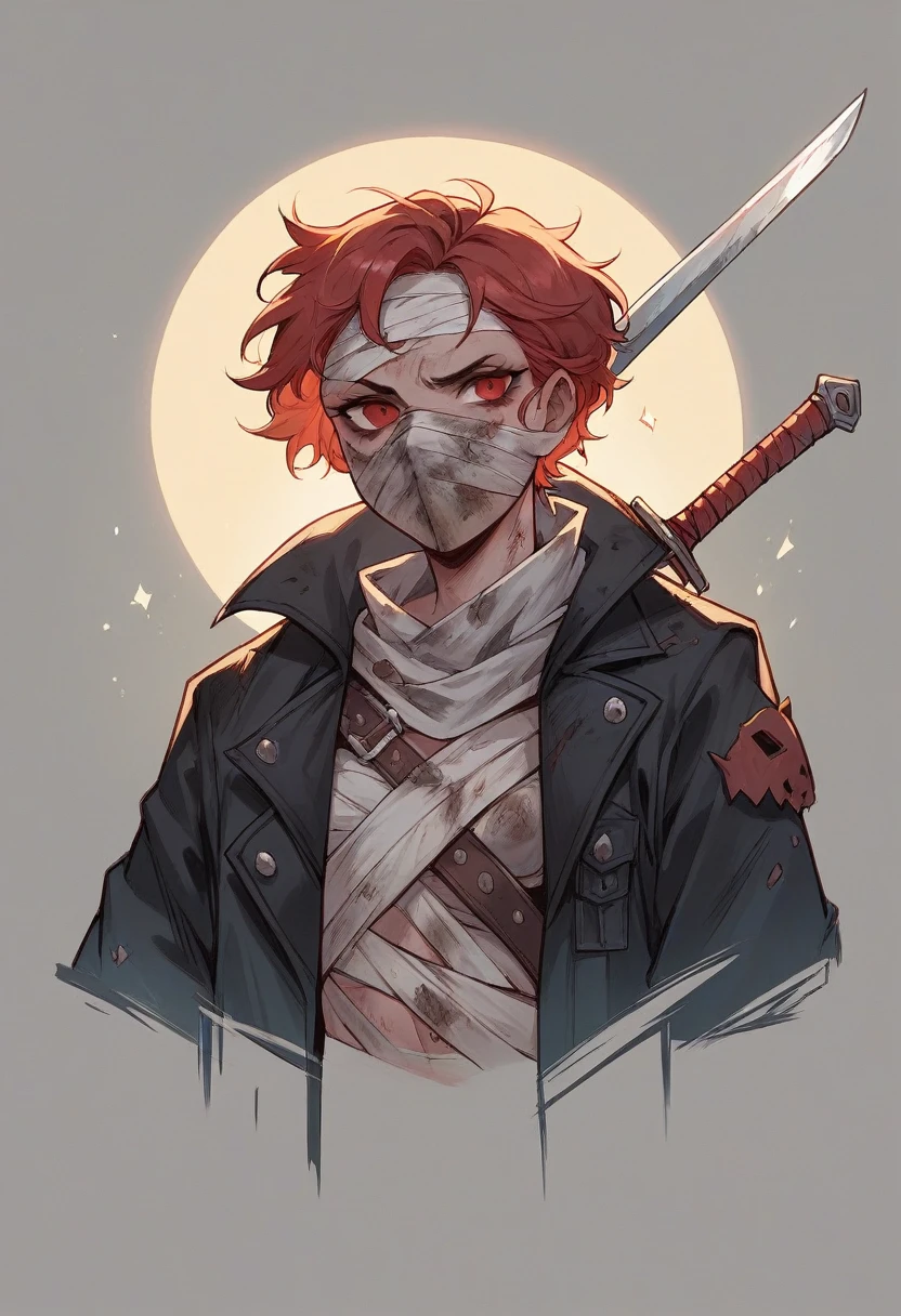 Draw a girl wearing a black overcoat over her body, red head, with some dirty bandages, a pumpkin mask on her face, and swords on her back.