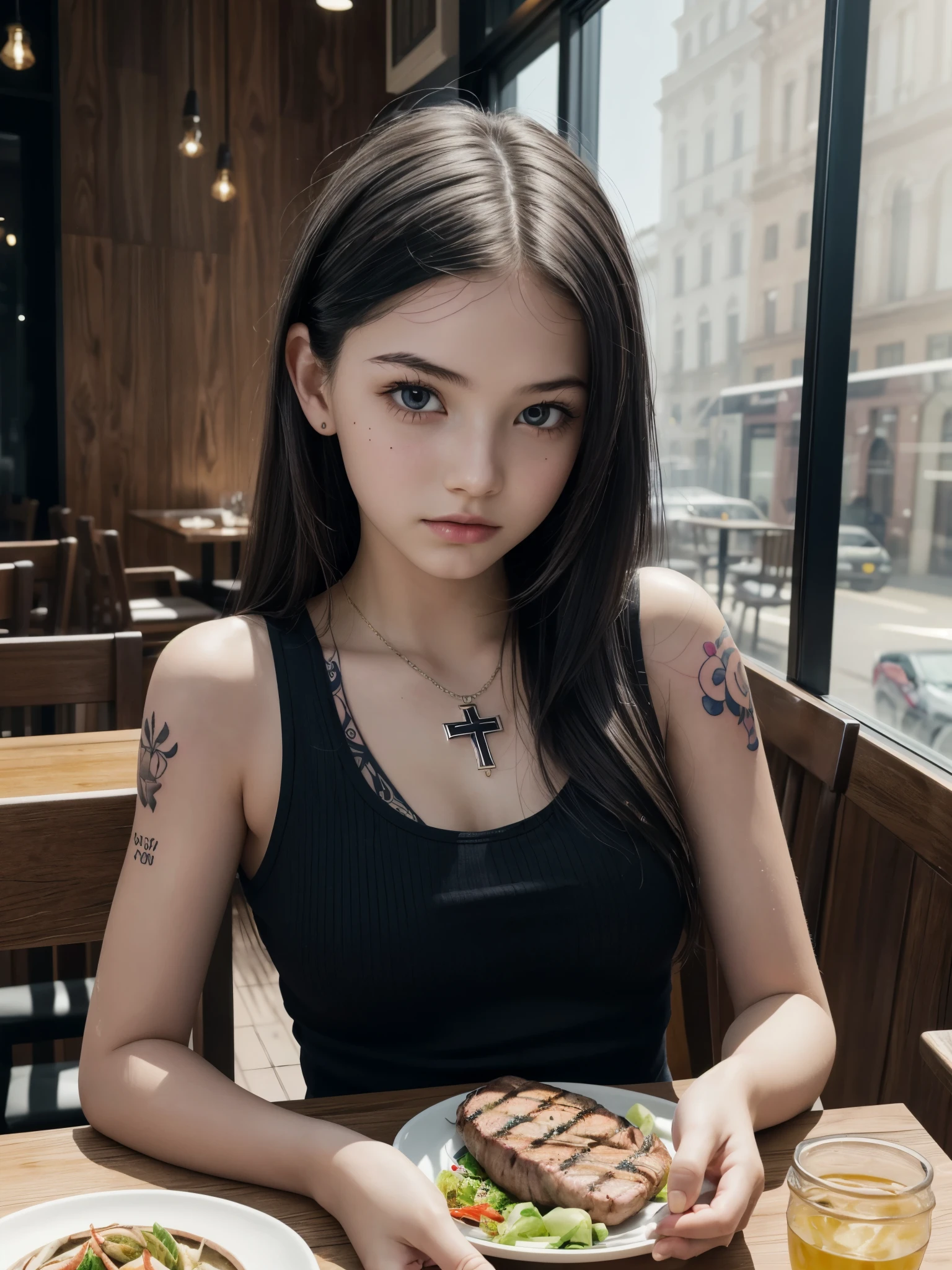 1girl, detailed face, (full tattoed arm:1.2), knit tank top, (very dry hair:1.2), decorated cross necklace, in high class cozy restaurant table, table served with grilled steak with visible grill marks glistening with natural juices, masterpiece, best quality, highest quality, (volumetric lighting), ultra realistic, photorealistic, sharp focus, absurdres, photograph, detailed and intricate, instagram, portrait, (13yo, cute:1.2), (breasts:1.2),