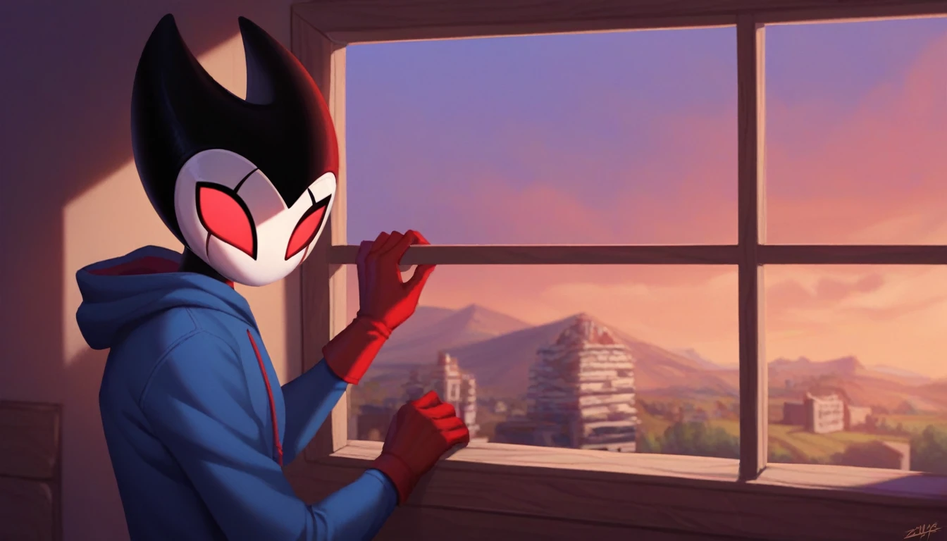 score_9, score_8_up, score_7_up, score_6_up, zPDXL2, grimm \(hollow knight\), vampire, bat, 1boy, solo, cute face, detailed eyes, portrait, anthro, blue large hoodie, jeans, red sports gloves, background, near the window, landscape, looking at the viewer, mischievous expression