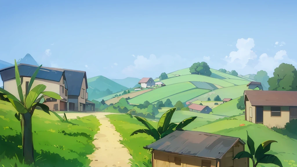 A Landscape neighborhood with hills and grass and bushes, beautiful compositions, rule of third, country side hills, farm hills, anime ghibli style, cows. africa congo. Farm crop Fields, beautiful blue sky 