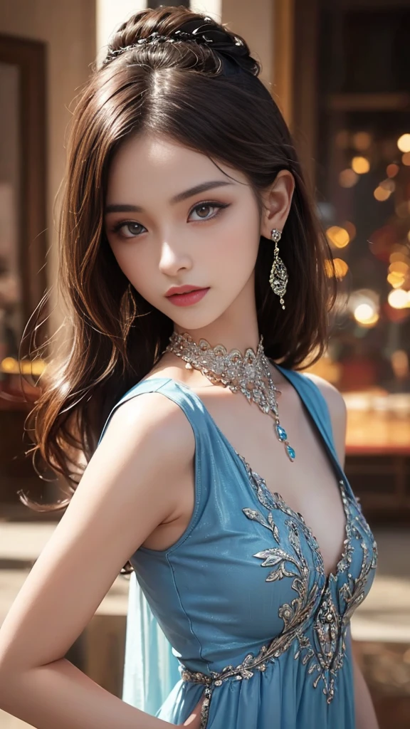 8K ultra hd, masterpiece, best quality, a beautiful girl, long hair, impressive hairstyle, royal hair jewelry, pretty cute face, flawless face, jewellery earrings, antique jewellery, details eyes, beautiful eyes, meticulous makeup, thin eyebrows, beautiful red lips, medium breasts, royal dress, blue dress, light blue laces, ralistic colors, magic effect, night background, look directly at the audience,