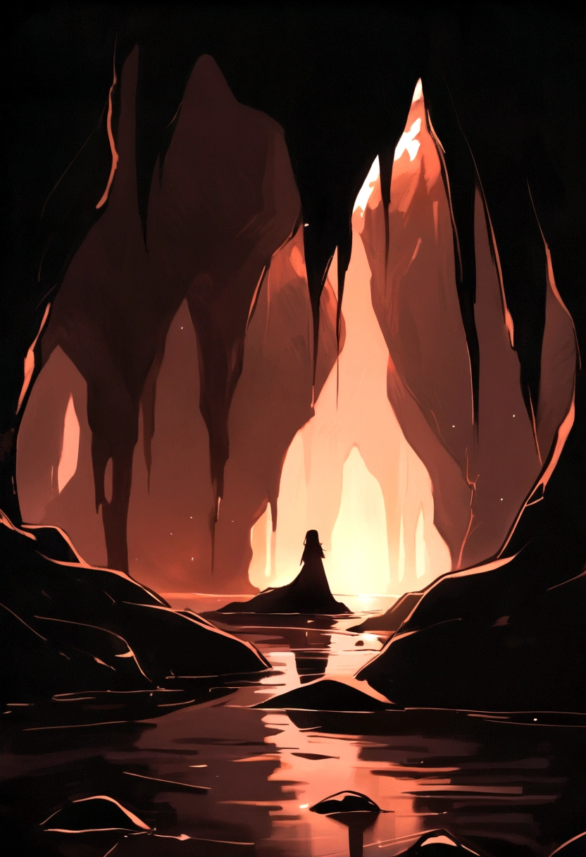 Giant cave, fantasy, dimly lit, flooded floor