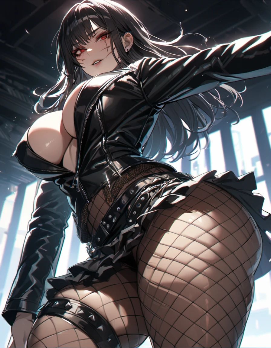 best quality, masterpiece, ultra-detailed, illustration, dynamic pose, Yoru, yorucsm, face scar, red eyes, black hair, looking at viewer, (evil smile), heavy eyeliner, (wearing a leather jacket, platform boots:1.2), adorned with studded accessories, (layered necklaces), bold patterns, (torn fishnet pantyhose:1.2), black miniskirt, dramatic makeup, black nail polish, oversized rings, close-up shot, thick thighs, big breasts, big ass, wide hips, hip dip, glossy lips, expressive face, ratatatat74, cinematic lighting, volumetric lighting, vibrant colors, ray tracing, intricate details in 8k or 4k resolution