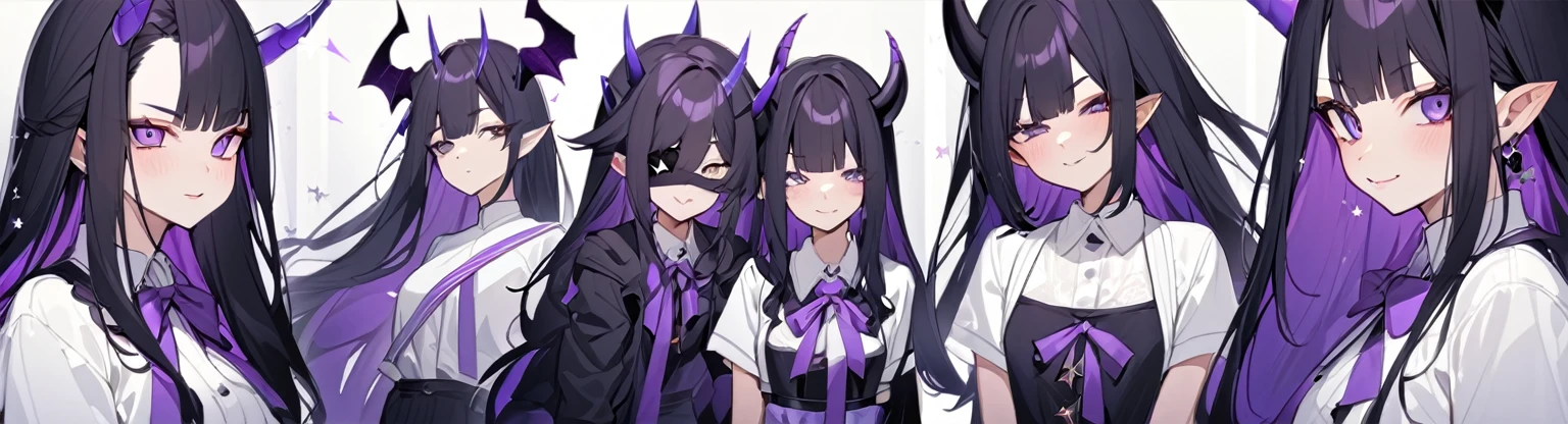 A girl with long black hair with straight bangs, with hair cut at the ends. Two large strands in the front, one bigger than the other. A rebel thread. A small white streak in your bangs. Two demon horns, one purple and one black, both with a dark purple star. one black eye and one purple eye. A purple star on your right cheek. black wide pants. All star shoe. Full white shirt with a bow tie with a star in the middle, with short sleeves.  a big chest . Grinning. She is a star demon. She is standing looking at the camera. In one of his eyes a star in the black eye case, in the black eye and just black. Sex girl. Sex girl. One black eye and one purple eye 