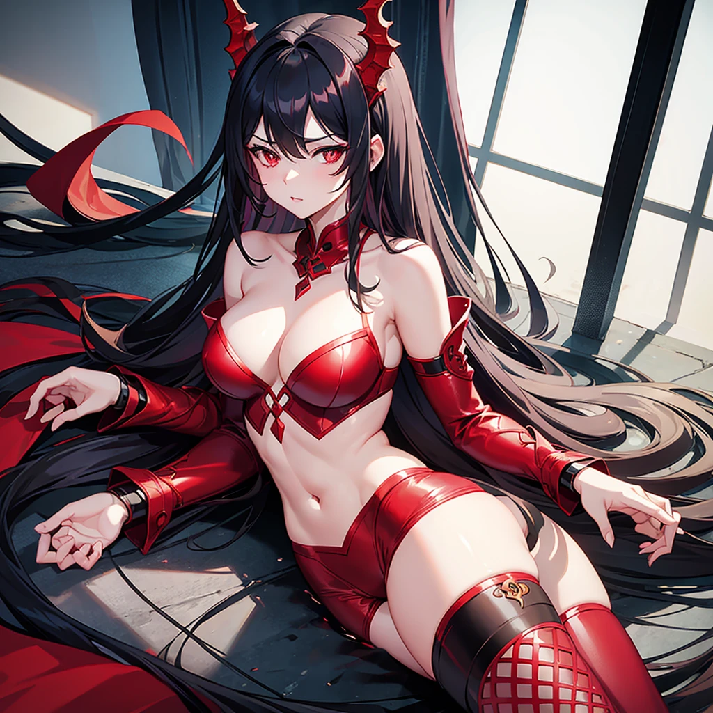 dragon woman, erotic revealing clothes. In one underwear .arrogant look, red vertical pupils.