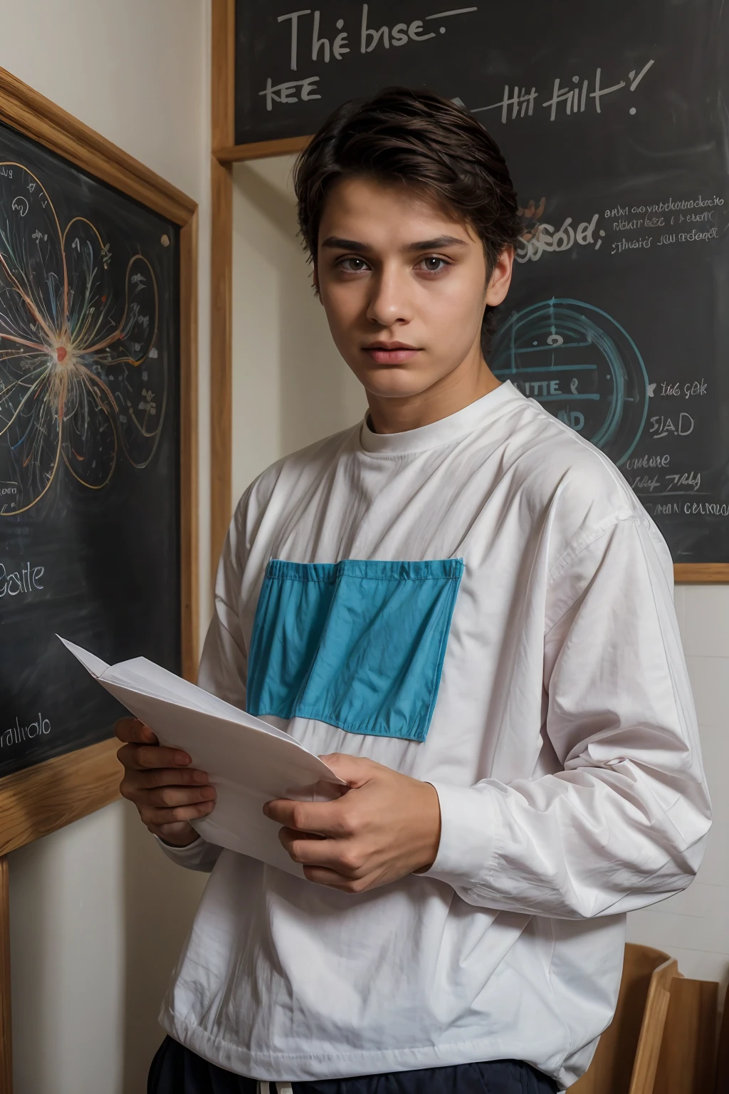 A beautiful, twinkling, cute male young man with black hair and a face with makeup. He is wearing a long-sleeved aquamarine shirt and black jeans. He is in his luxurious scientific office. Behind him is a blackboard with neurons and calculus written on it, and his eyes have dark circles underneath them. He is sitting in... His office is studying calculus like crazy.