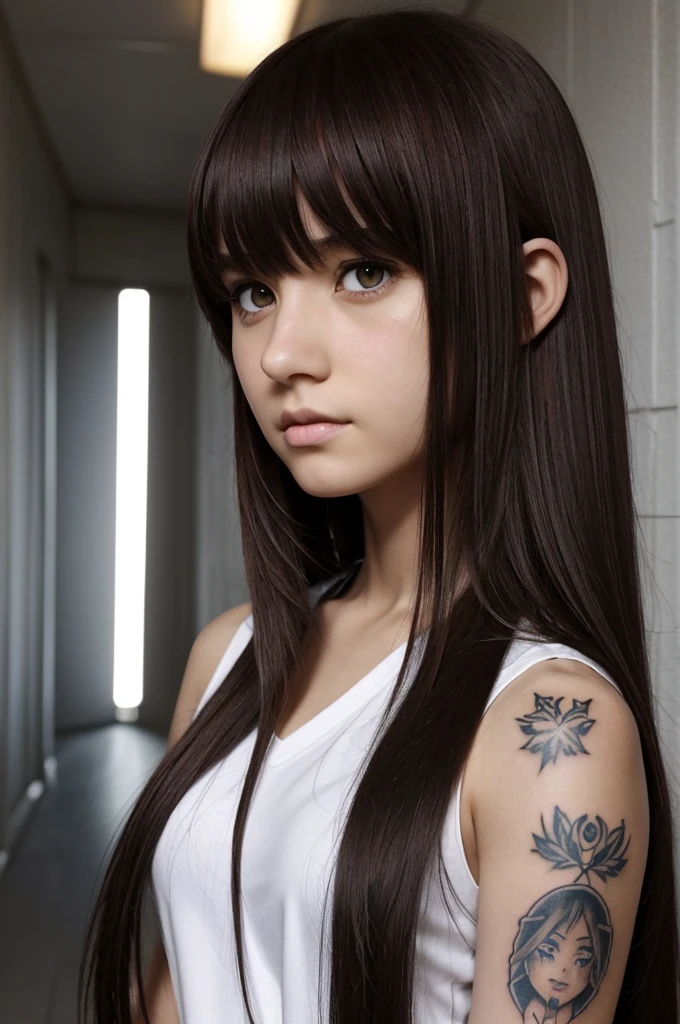 Create the image of a girl with the drawing style of Boku No Ajero Academia: she is a pale skinned girl, long straight hair, dark red with bangs. He has black eyes, torn up, and a serious expression. He has tattoos on his neck. He is wearing the UA uniform and is in the hallway, stop