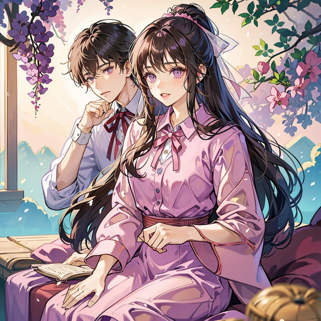 A girl, she has long brown hair, purple eyes, she is cute and sweet, wears a pink shirt with a ribbon collar, wears loose blue shorts with a ribbon, Korean style, Japan style, anime, manhwa,With a background with strawberry and grape nuances, bust up!!!!