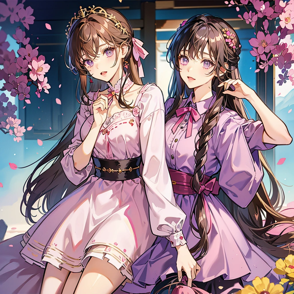 A girl, she has long brown hair, purple eyes, she is cute and sweet, wears a pink shirt with a ribbon collar, wears loose blue shorts with a ribbon, Korean style, Japan style, anime, manhwa,With a background with strawberry and grape nuances, bust up!!!!
