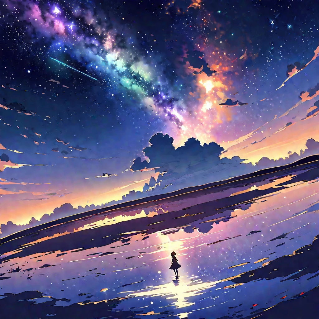 （（best qualtiy））， （（tmasterpiece））， （（Ultra Wide Angle）），early evening， A woman who is，Stand in the salt lake，The surface of the water is like a mirror，Reflecting the sky。Look at the sky，The Milky Way is in the sky。