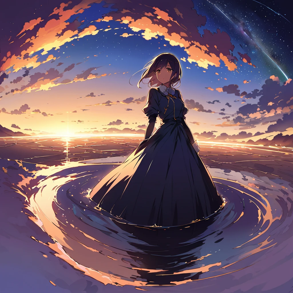 （（best qualtiy））， （（tmasterpiece））， （（Ultra Wide Angle）），early evening， A woman who is，Stand in the salt lake，The surface of the water is like a mirror，Reflecting the sky。Look at the sky，The Milky Way is in the sky。