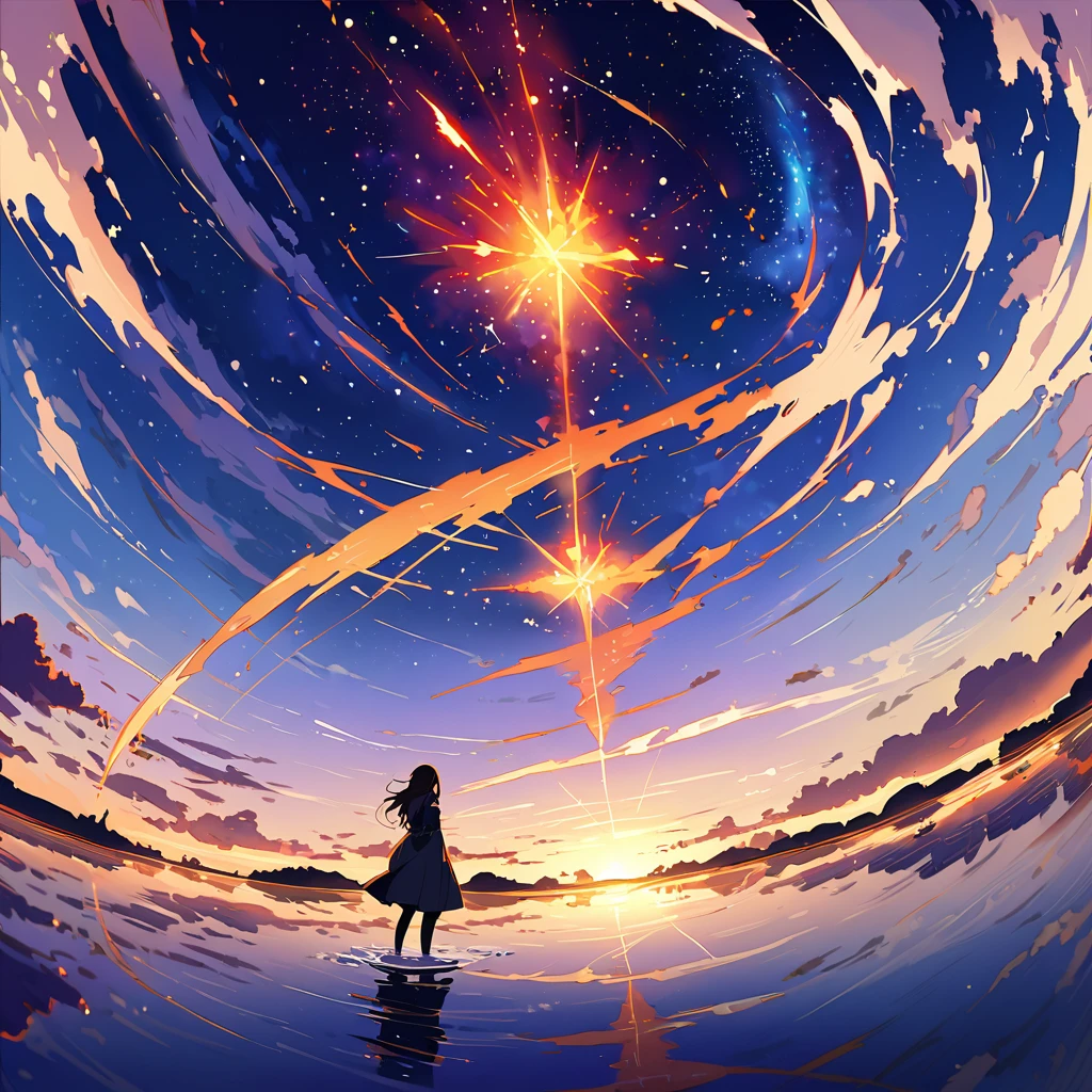 ((best qualtiy)), ((tmasterpiece)), ((Ultra Wide Angle)),early evening, A woman who is,Stand in the salt lake,The surface of the water is like a mirror,Reflecting the sky。Look at the sky,The Milky Way is in the sky。