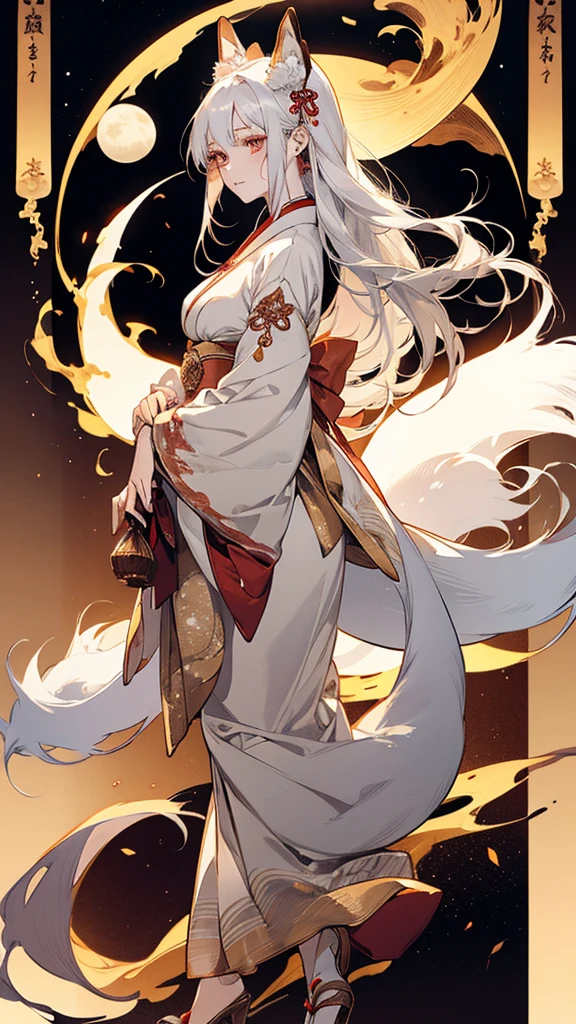 Kitsune girl,hime cut,silver eyes,gold white and red tones japanese cloth, geisha dress theme sun&moon , traditional japanese , long white hair,silver fox ears, have kitsune tail, beautiful woman, silver eyes, elegant, young adult beautiful