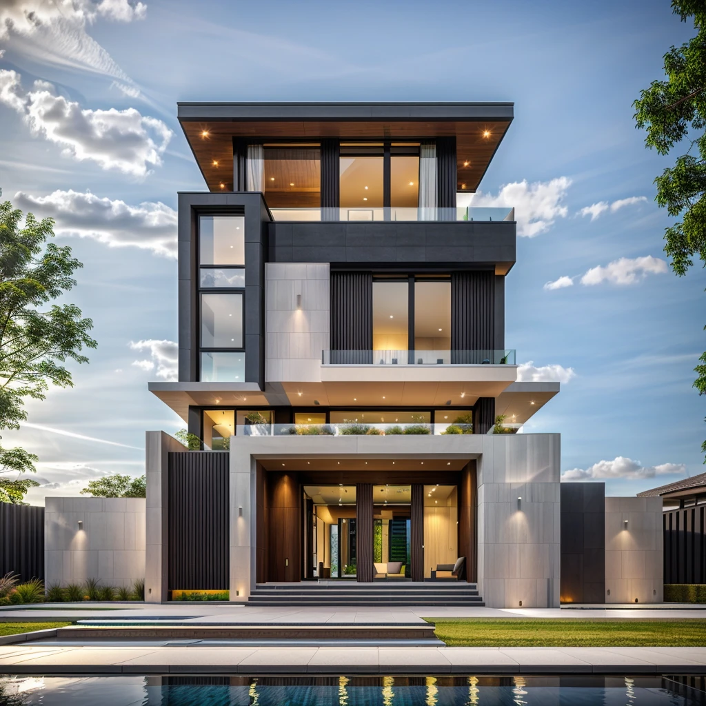 villa modern,Modern black house design, glass railing, Green garden around the house, Black Front, Modern architecture, All glass, Sunshine, Seaside Realistic, exterior, sunlight, house, RAW photo, 8k uhd, dslr, (high detailed skin:1.3), soft lighting, ultra quality, film grain, Fujifilm XT3, sharp image, best quality, authentic, hight quality,