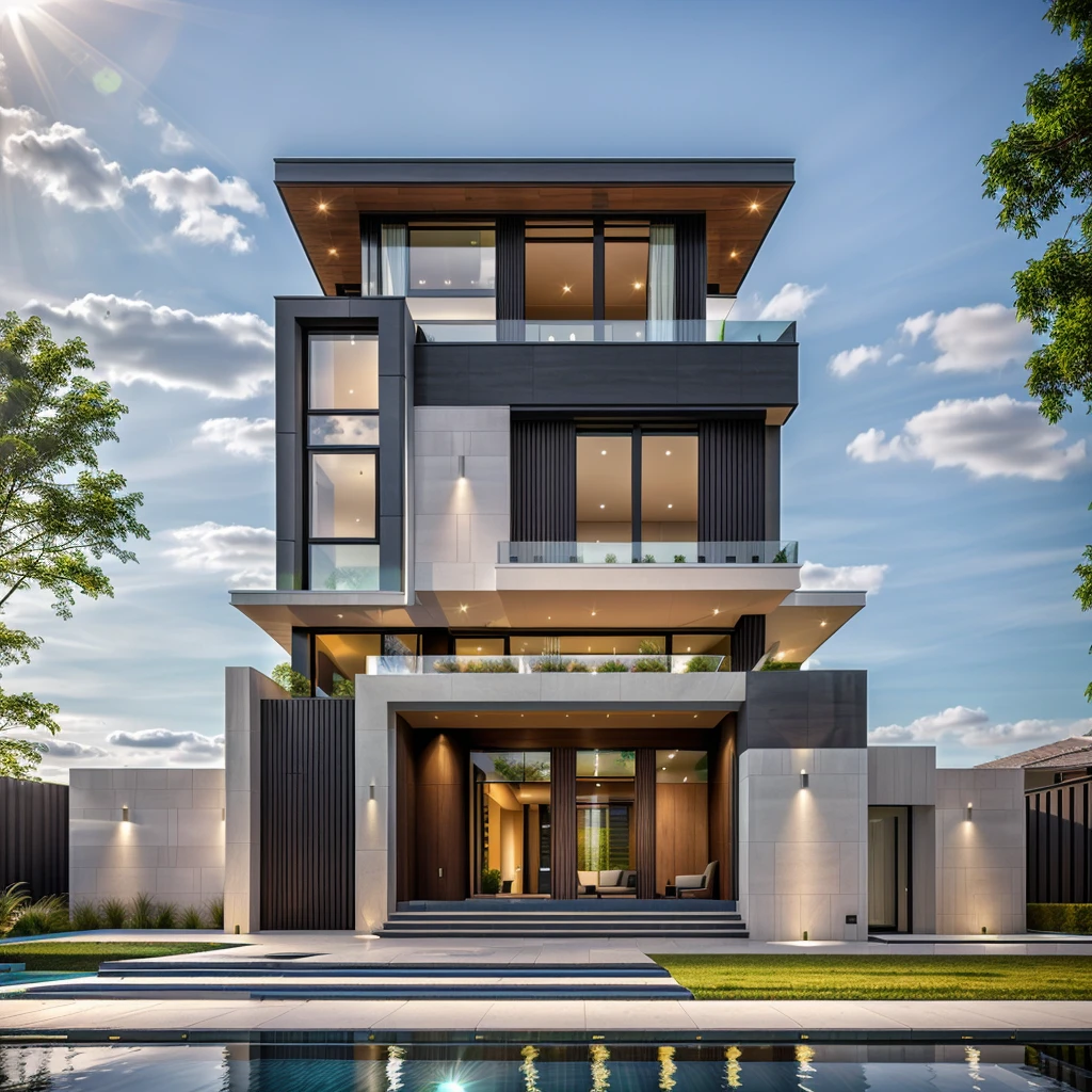 villa modern,Modern black house design, glass railing, Green garden around the house, Black Front, Modern architecture, All glass, Sunshine, Seaside Realistic, exterior, sunlight, house, RAW photo, 8k uhd, dslr, (high detailed skin:1.3), soft lighting, ultra quality, film grain, Fujifilm XT3, sharp image, best quality, authentic, hight quality,