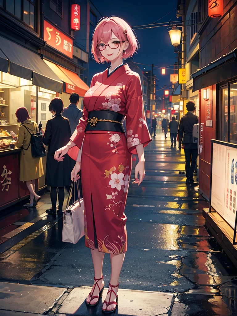 1girl, japanese girl, detailed skin texture, pink hair, short hair, smiling, glasses, mature female, milf, lipstick, makeup, earring, red nails, nail polish, red dress, feminine pose, standing, looking back, realistic, finely detailed, quality, rembrandt lighting, masterpiece, photorealistic, best quality, detailed skin, intricate details, dramatic, ray tracing, outdoor, night, tokyo city, night light