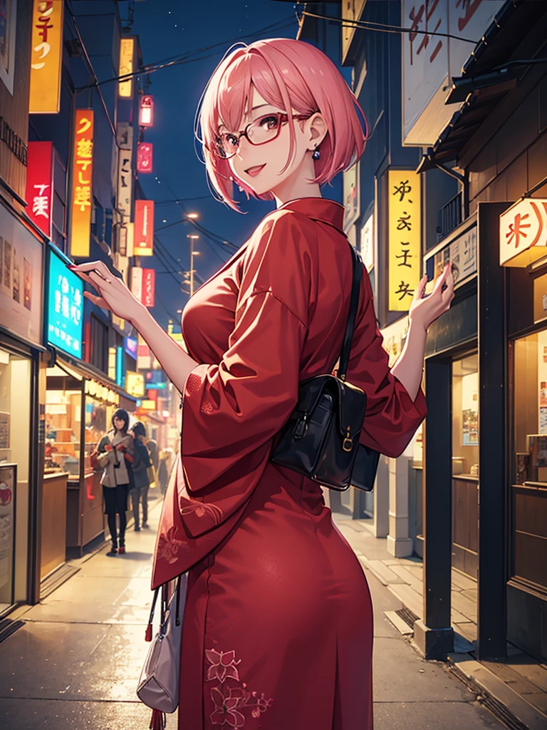 1girl, japanese girl, detailed skin texture, pink hair, short hair, smiling, glasses, mature female, milf, lipstick, makeup, earring, red nails, nail polish, red dress, feminine pose, standing, looking back, realistic, finely detailed, quality, rembrandt lighting, masterpiece, photorealistic, best quality, detailed skin, intricate details, dramatic, ray tracing, outdoor, night, tokyo city, night light